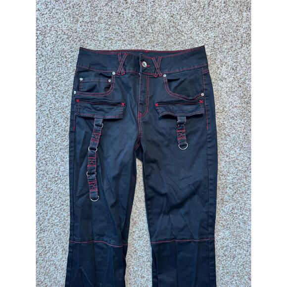 HOT TOPIC Tripp NYC Womans Jeans/Pants, Black with Red stitching; Flare, Y2K - Picture 4 of 10
